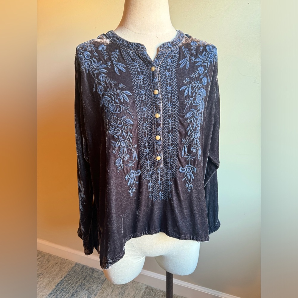 Johnny Was Storm Grey Silk Velvet Button Up Blouse